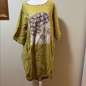 New Collection Linen midi dress flowers sz M-L chartreuse green